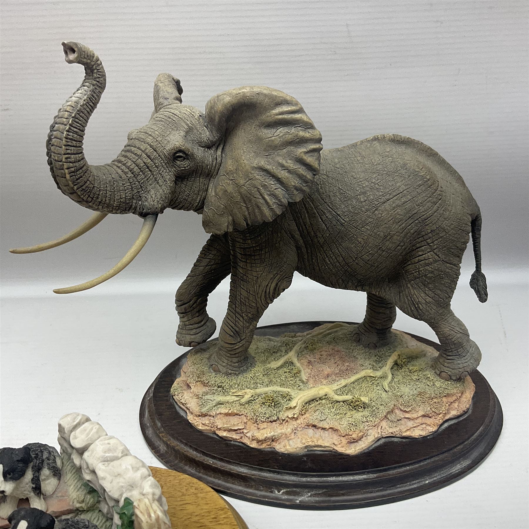 Border Fine Arts figure 'Two Owlets', together with Country Artists figures, 'Bull Elephant' and 'Penguin Family' and a Leonardo Border Collie group figure, tallest H22.5cm