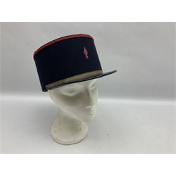 Mid 20th century French Ugeco Nantes first class dress navy blue uniform with ribbon bar with cap, and quantity of Sapeurs Pompiers patches, Sapeurs Pompiers de Caen belt buckle etc