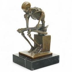Bronze skeleton modelled as 'The Thinker', on black marble base, signed 'Milo' to plinth, H14cm