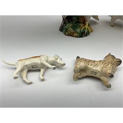 A group of Beswick figures, comprising Barn Owl 1046, various small dog figures including Yorkshire Terrier, Cairn Terrier, Dalmatian, Beagles, Pug, etc., CH Wall Champion Boy 53 pig, fox, donkey, horse, and foal. 