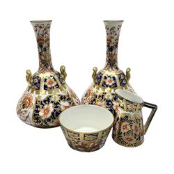  Pair of Royal Crown Derby 6299 imari pattern miniature vases, together with a miniature pitcher and dish in 2451 imari pattern, all with printed marks beneath, vase H12cm 