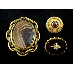 Victorian gold French jet and seed pearl mourning brooch, Etruscan revival stone set gold mourning brooch and a pinchbeck agate swivel brooch