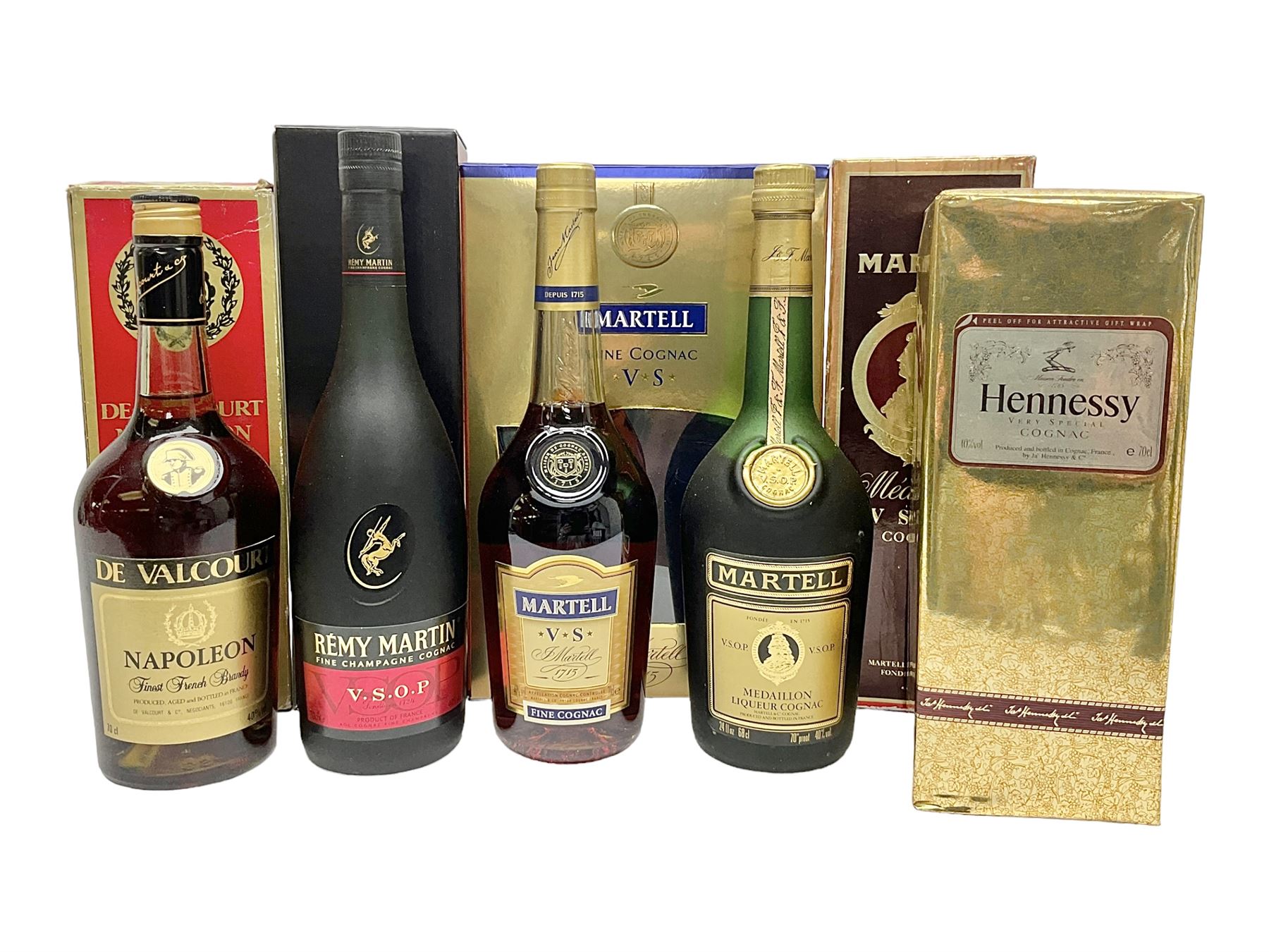 Mixed alcohol, to include Hennessy very special cognac, Martell VSOP cognac, De Valcourt Napoleon French brandy, etc, various contents and proof (5)