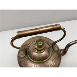 Engraved copper kettle, with Baden Powell Mafeking decoration with union jack flags, with finial modeled as Baden Powell, H31cm
