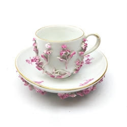  Meissen pink floral encrusted cup and saucer (2)  