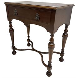 Georgian design mahogany lowboy, fitted with single cock-beaded drawer over double-arched apron, raised on turned supports united by shaped X-stretcher
