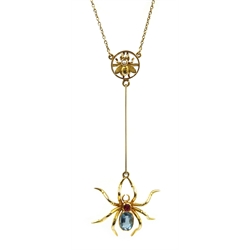  Victorian 15ct gold (tested) ruby, aquamarine and split pearl spider and fly pendant necklace  