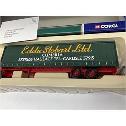 Corgi Eddie Stobart - three limited edition lorries; two Hauliers of Renown - CC13415 MAN TGA XXL Curtainside and CC14002 Volvo FH Curtainside; and  CC12607 Scammell Crusader Tautliner; all boxed (3)