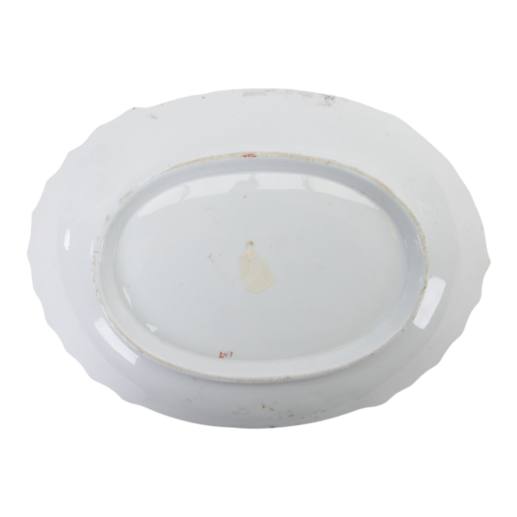 19th century porcelain dessert plate, of unusual shaped oval form, attributed to William Billingsley and painted with floral spray and sprigs, against a moulded scroll and beaded surround and edge, heightened with gilt, W25cm