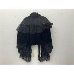 Victorian three piece mourning dress, with lace trim and jet beading, including velvet coat with satin collar panels and cuffs, the nipped waist with boning and slight flared peplum, heavily embellished beaded high neck collar, and ladies embroidered silk lined purse with gilt handle, mount and clasp