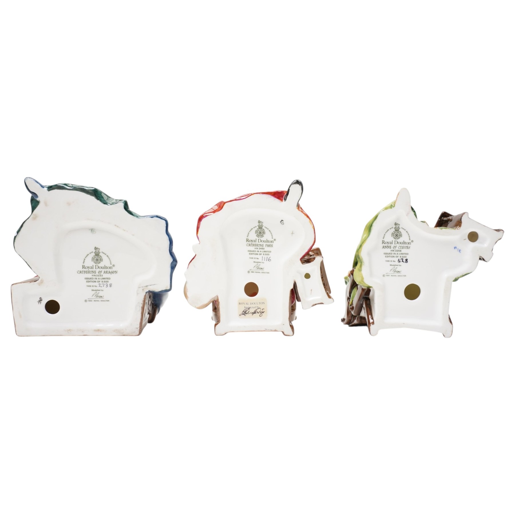 Royal Doulton limited edition set, King Henry VIII HN3350, and his six wives, comprising Catherine of Aaragon HN3233, Anne Boleyn HN3232, Jane Seymour HN3349, Anne of Cleves HN3356, Catherine Howard HN3449, and Catherine Parr HN3450 (7)