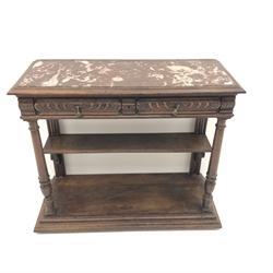  19th century Continental oak buffet sideboard, marble top, two heavily carved drawers, turned supports, W122cm, H100cm, D49cm  