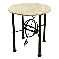 Architectural table, circular marble top on wrought metal base, cluster column supports connected by armillary sundial, D80cm, H78cm