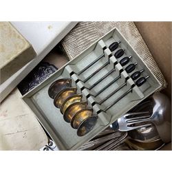 Set of four hallmarked silver teaspoons modelled on spoons from the Roman Imperial period, silver fork, and quantity of silver plated and other cutlery to include Walker & Hall, in two boxes