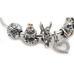  Pandora silver charm bracelet, with six silver and 14ct gold Pandora charm and one silver Pandora charm, all stamped S925 ALE    