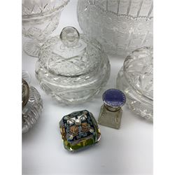 1920s cut glass scent cover with silver and enamel lid, hallmark Cohen and Charles, London, 1920, H6.5cm, together with silver mounted cut glass dressing table pot, the silver cover with scrolling repousse decoration and stamped sterling, plus two cut glass baskets, two pots with lids etc. 