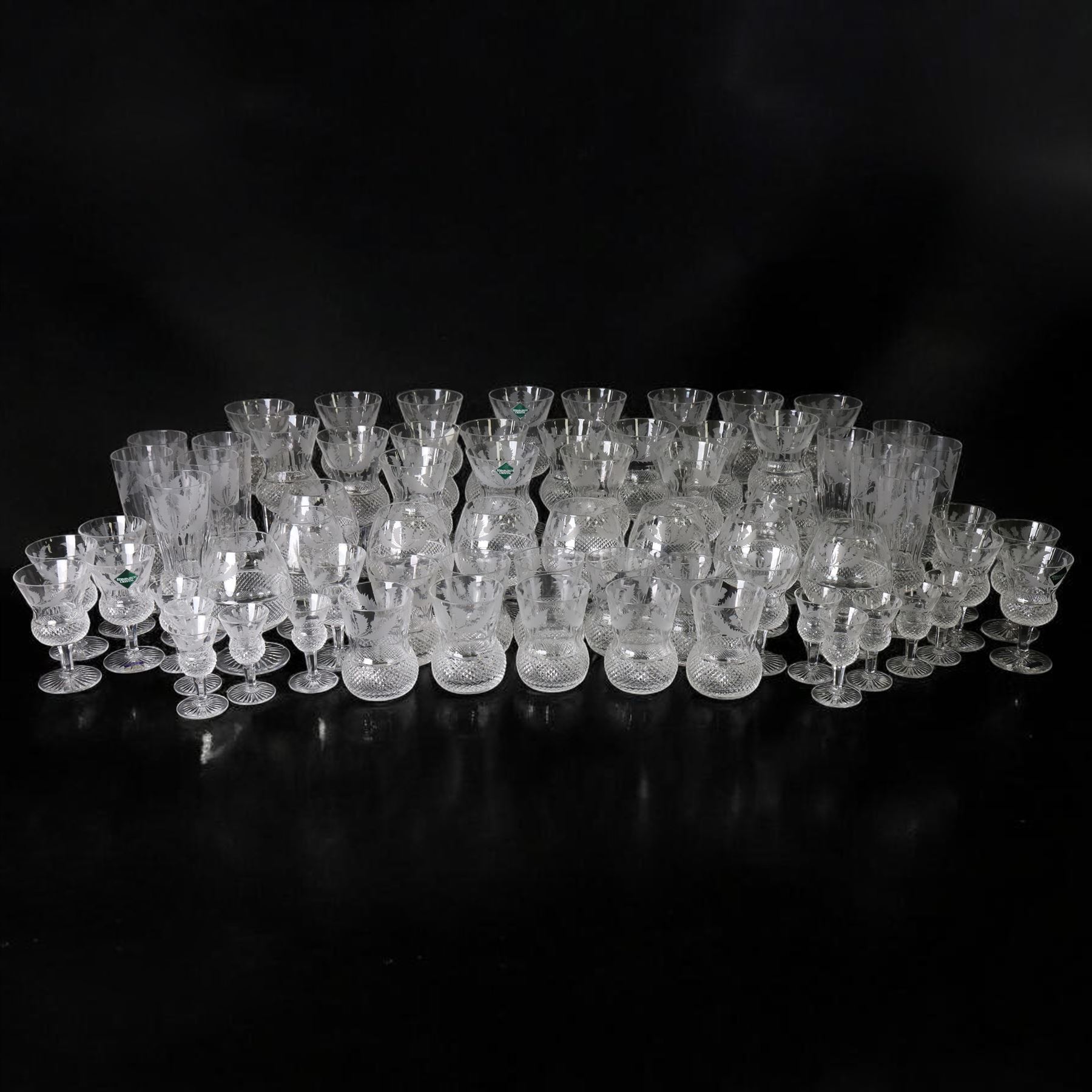 Edinburgh Crystal Thistle pattern suite of glass for ten, comprising champagne, white wine, red wine, brandy balloons, sherry, port and tumblers 