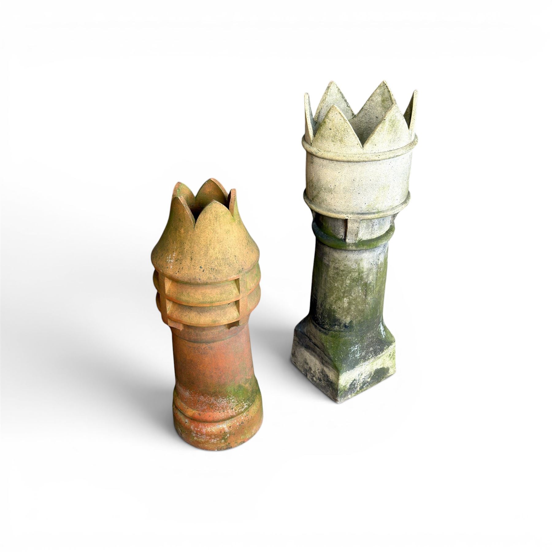 Large Victorian terracotta crown top chimney pot, and a similar chimney pot (2)