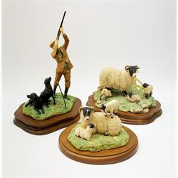 Three Border Fine Arts models, Spring Lambing, model no JH6, by Ray Ayres, King of the Castle, model no JH37, by David Walton, and Reaching for the high bird, with black Labradors, by Ray Ayres, each upon wooden base