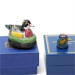 Five Crummles & Co Beatrix Potter enamel boxes, Thomas Goode Royal House of Windsor limited edition enamel box 83/500, boxed, Halcyon enamel box in the shape of a duck and five other enamel boxes (12)