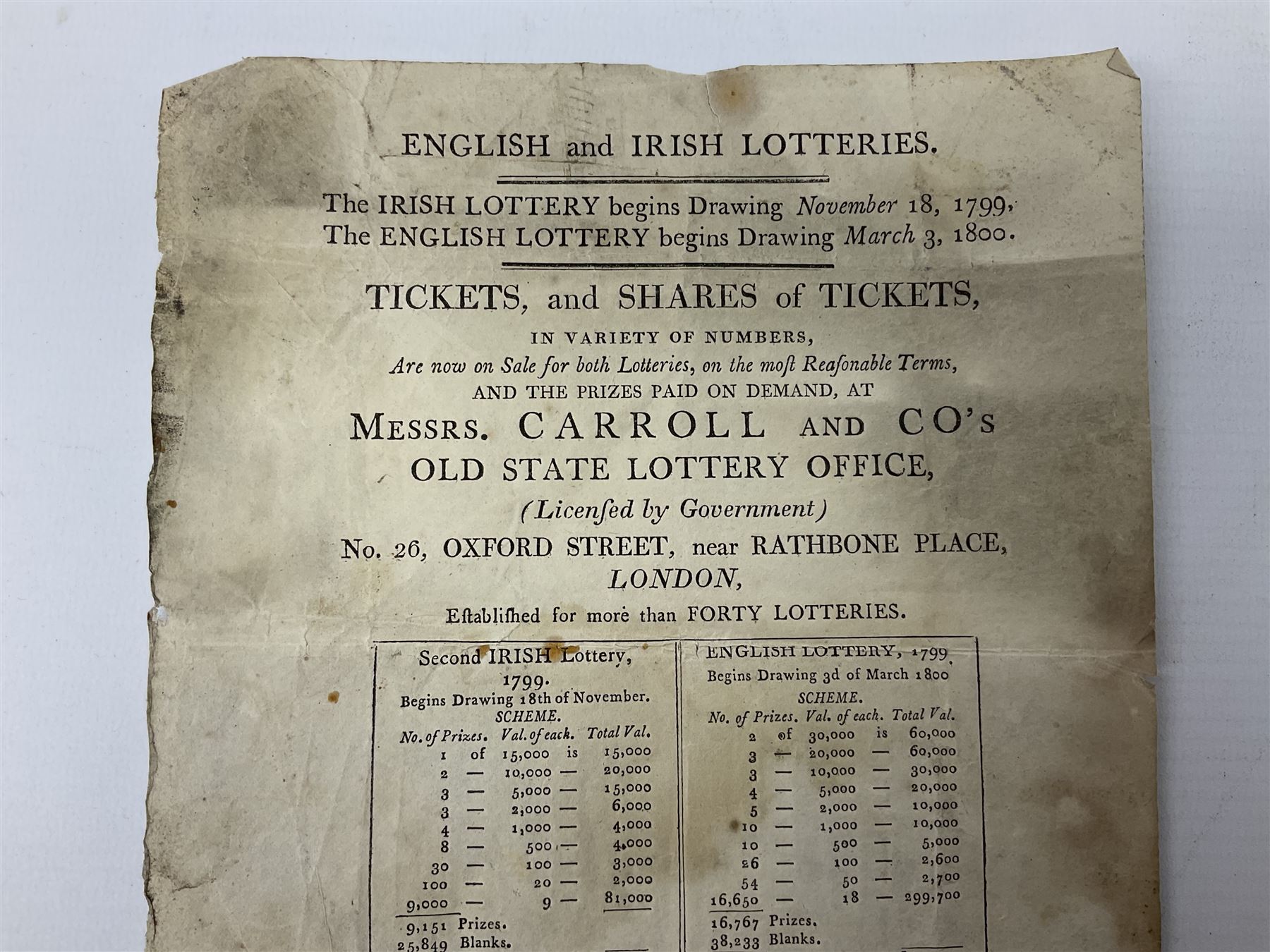 1799 Irish Lottery Ticket for the November 18th lottery signed by A. Higinbotham; together with a hand bill advertising the lottery and the English lottery March 3rd 1800 (2)