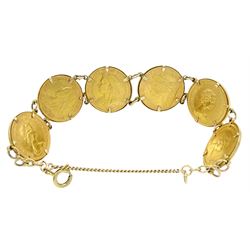Gold full sovereign bracelet, loose mounted sovereigns dated 1893 (Melbourne mint), 1894 (Melbourne mint), 1901, 1976 and two 1974, in 9ct gold bracelet hallmarked 