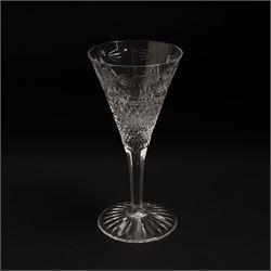  Suite of Stuart crystal Beaconsfield pattern table glass, comprising 6 claret glasses, 6 white wine glasses, 6 dessert wine glasses, 6 brandy balloons, 6 champagne flutes, and 8 whisky tumblers