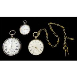  Victorian silver open face key wound lever pocket watch by Thomas Donkin, Scarborough, No. 18157, case by Charles Harris, Birmingham 1893, smaller silver pocket watch by George Cooper, Scarborough, No. 1836, on gilt watch chain, both with white enamel dials and subsidiary seconds dials and a silver fob watch