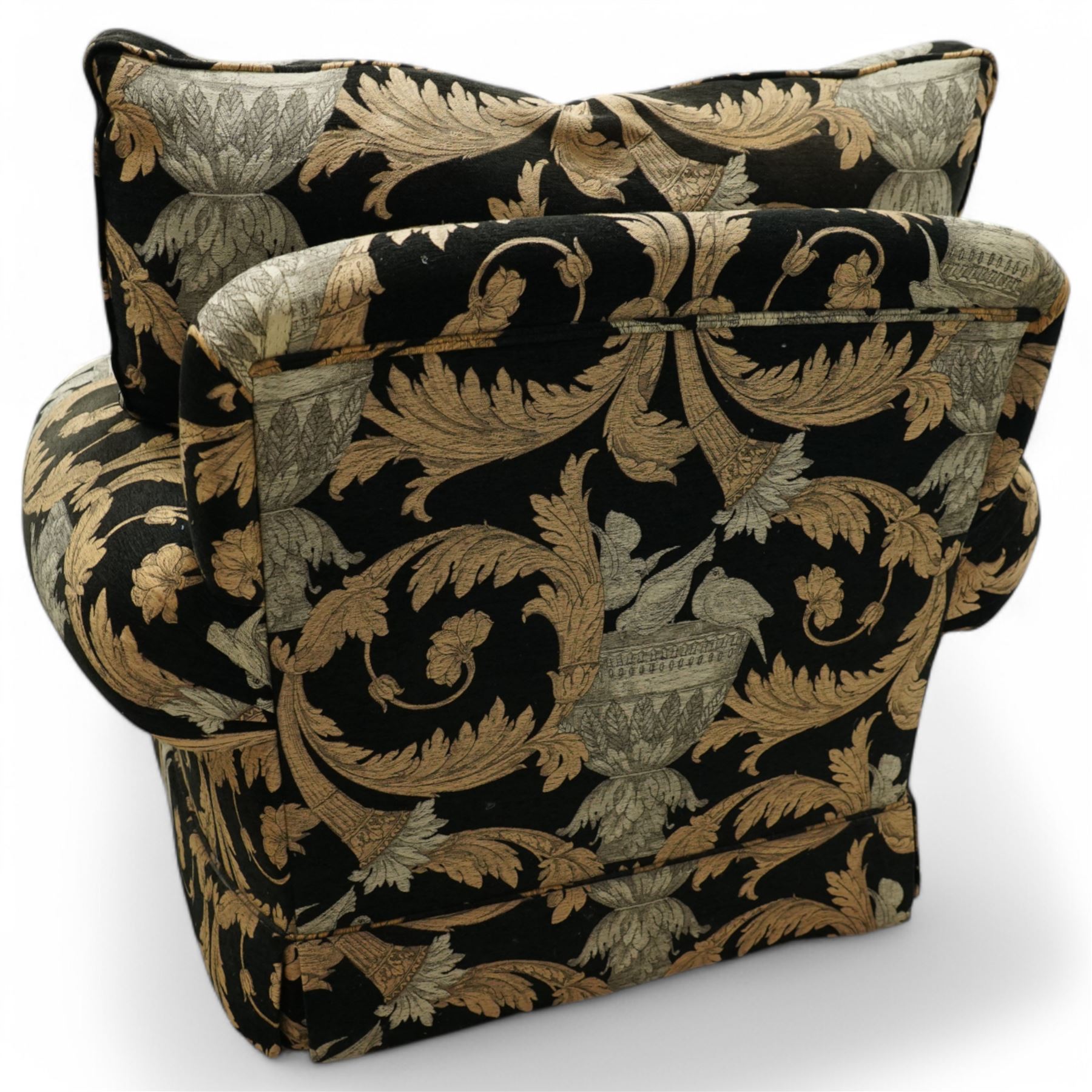 Duresta - hardwood-framed armchair, of traditional shaped with rolled arms, upholstered in arabesque pattern fabric decorated with urns and birds 