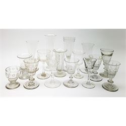 A group of early 19th century and later drinking glasses, to include two toastmaster type examples with deceptive bowls, together with a Bonnet glass or monteith, probably late 18th century. 