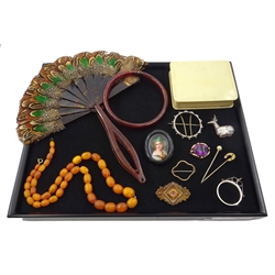  Collection Victorian jewellery, feather and faux tortoiseshell fan, amber type necklace, brooches etc and ivorine box  