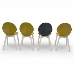 Calligaris - Connubia dining suite, comprising a 'Zeffiro' glass extending dining table and eight 'Academy' chairs, rectangular clear glass top with twin extension leaves extending to 220cm, mounted on white and ochre metal supports with central stretcher, together with eight matching moulded dining chairs with shaped seats and tapered legs