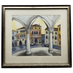 Georgina Logan (British 20th century): 'View from the Fish Market Venice, mixed media batik on silk signed, titled verso 51cm x 62cm