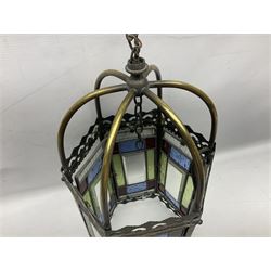 Victorian brass and stained leaded glass hall lantern, of hexagonal form, supported by four domed arms and pierced fret, H46cm W20cm