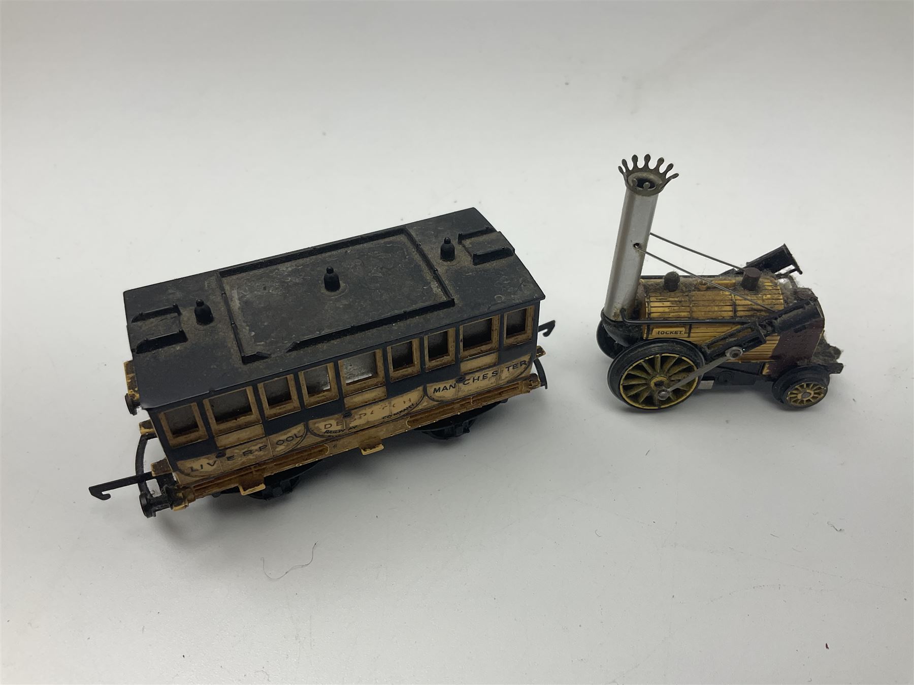 Hornby/Tri-ang '00' gauge - six locomotives - Class 9F 2-10-0 'Evening Star' No.92220; Class A3 4-6-2 (no name or number); Dean Single 4-2-2 'Lord of the Isles' No.3046; Princess Class 4-6-2 'The Princess Royal' No.46200; Class 57XX Pannier 0-6-0 tank No.8751; and Stephenson's Rocket with one passenger coach; all unboxed (6)