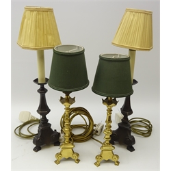  Pair 19th century style brass candlesticks with knop stem on tripod feet and a similar pair of cast metal candlesticks with candle style lights, all with shades (H51cm max)   