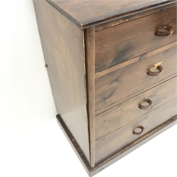Early 20th century stained pine chest, two short and three long drawers, plinth base, W127cm, H93cm, D46cm