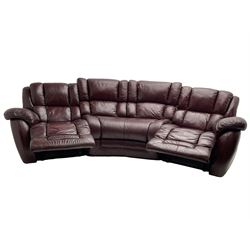 La-Z-boy - large three seat curved sofa, fitted with with end recliners, upholstered in maroon leather