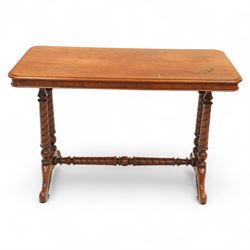 Victorian mahogany side table, raised on spiral turned column end supports