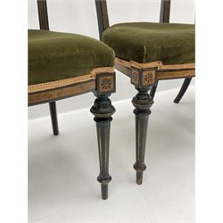 Set three late Victorian salon side chairs, ebonised frames inlaid with amboyna wood, with applied brass beading, turned and fluted supports with gilt detail