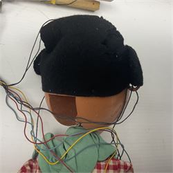 Pelham Puppet - a rare type SM Harlequin circa 1950s with painted black face mask, black felt hat, green ruff and red white chequered suit, H31cm; in original box with instructions 