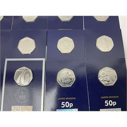 Mostly United Kingdom Queen Elizabeth II commemorative fifty pence coins, including 2019 'Gruffalo', 2020 'Iguanodon', 2022 'The Queen's Jubilee' etc, housed on cards, face value of UK coins approximately 20 GBP