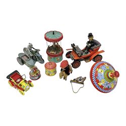 Nine tinplate and clockwork models to include battery operated ‘Antique Car’ by Toys Namura of Japan, Jock-O-Panda wind-up Panda riding a donkey c.1960s, Harley-Davidson Side Car and further similar examples to include musical boxes (9) 