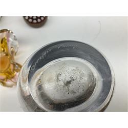 Vicke Lindstrand for Kosta glass vase of flattened ovoid form, the body with deep purple band from rim to rim, signed LH 1242 beneath, together with Orrefors glass vase, engraved with female figure with birds, signed beneath, art glass bowl and paperweight (4) tallest H23.5cm