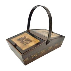 19th century rosewood Tunbridge Ware basket, of rectangular form with curved bentwood handle, and twin hinged sloping covers, lifting to reveal paper lined interiors, not including handle H5.5cm D10.5cm L18cm