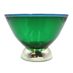 Shop stock: Hallmarked silver mounted green glass pedestal bowl boxed 13.5cm diameter  