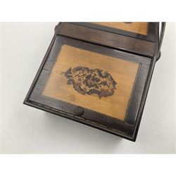 19th century rosewood Tunbridge Ware basket, of rectangular form with curved bentwood handle, and twin hinged sloping covers, lifting to reveal paper lined interiors, not including handle H5.5cm D10.5cm L18cm