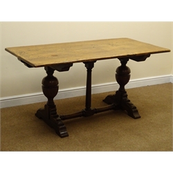 19th century oak rectangular refectory table, planked top on cup and cover supports, joined by turned floor stretcher, W153cm, H76cm, D77cm (MAO1203)  