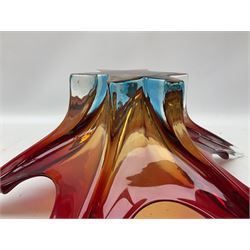 Art glass centrepiece bowl of splash form in red and blue colour palette,  H16cm