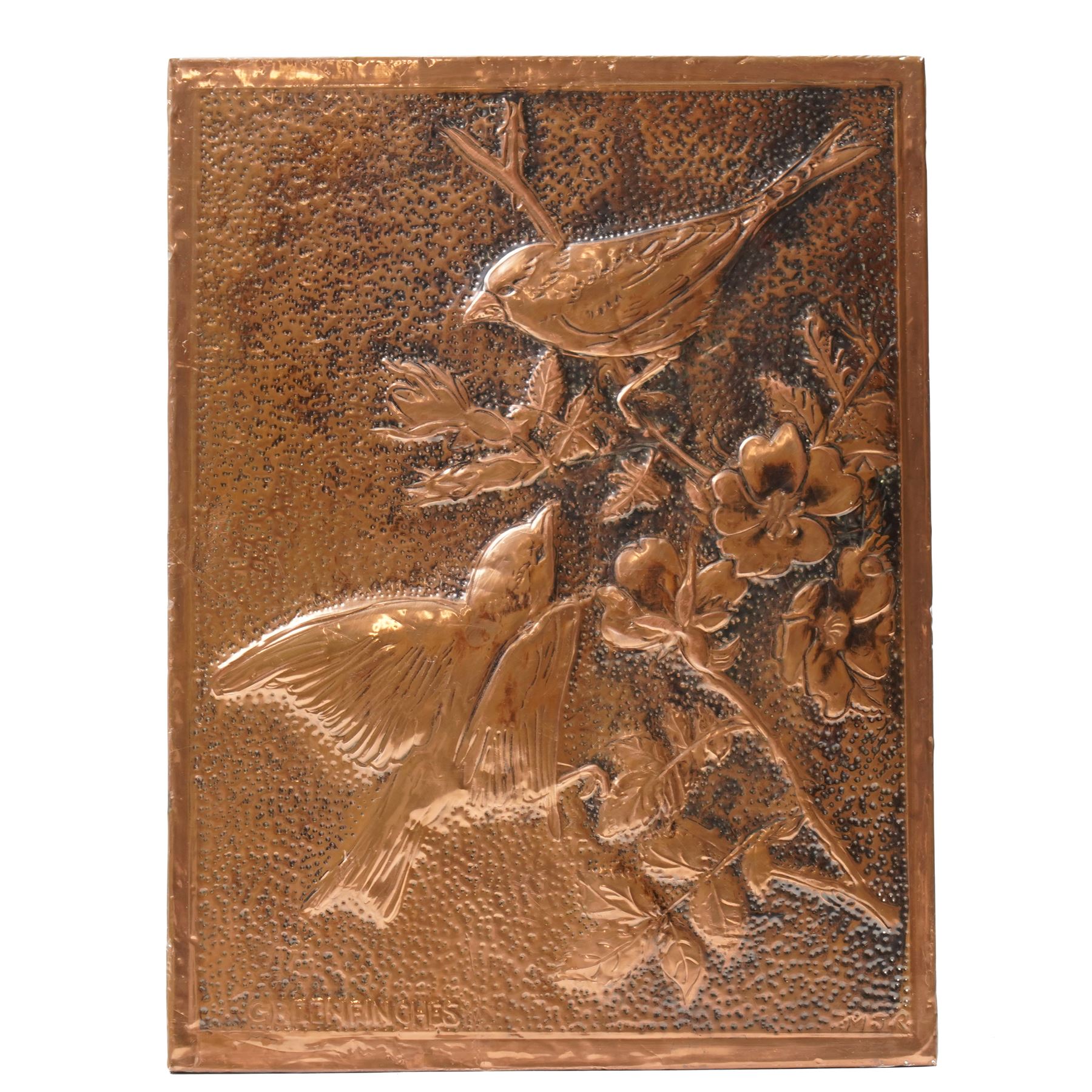 Arts & Crafts style copper panel of 'Greenfinches', signed with initials MJR, 26.5cm x 20cm 